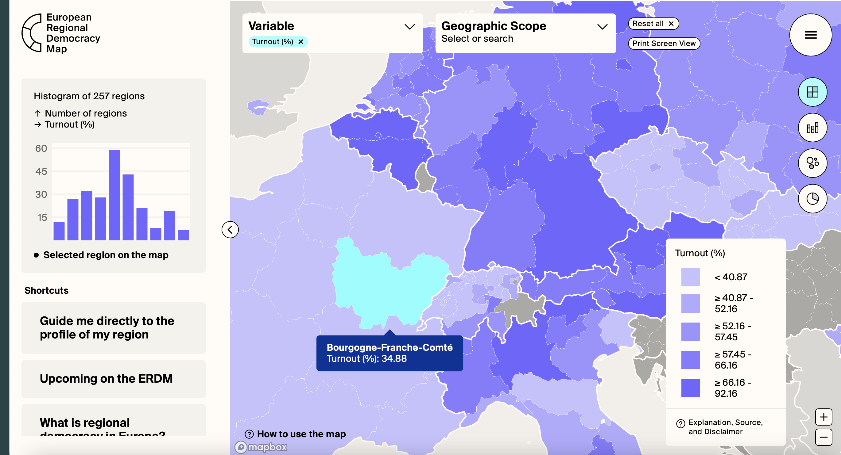 Screenshot of the European Regional Democracy Map showing exemplary variables